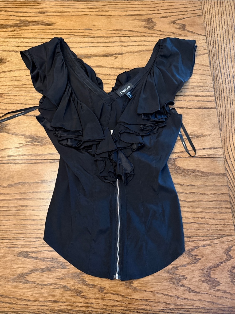 Bebe Black Ruffle Zip-Front V-Neck Blouse size XS